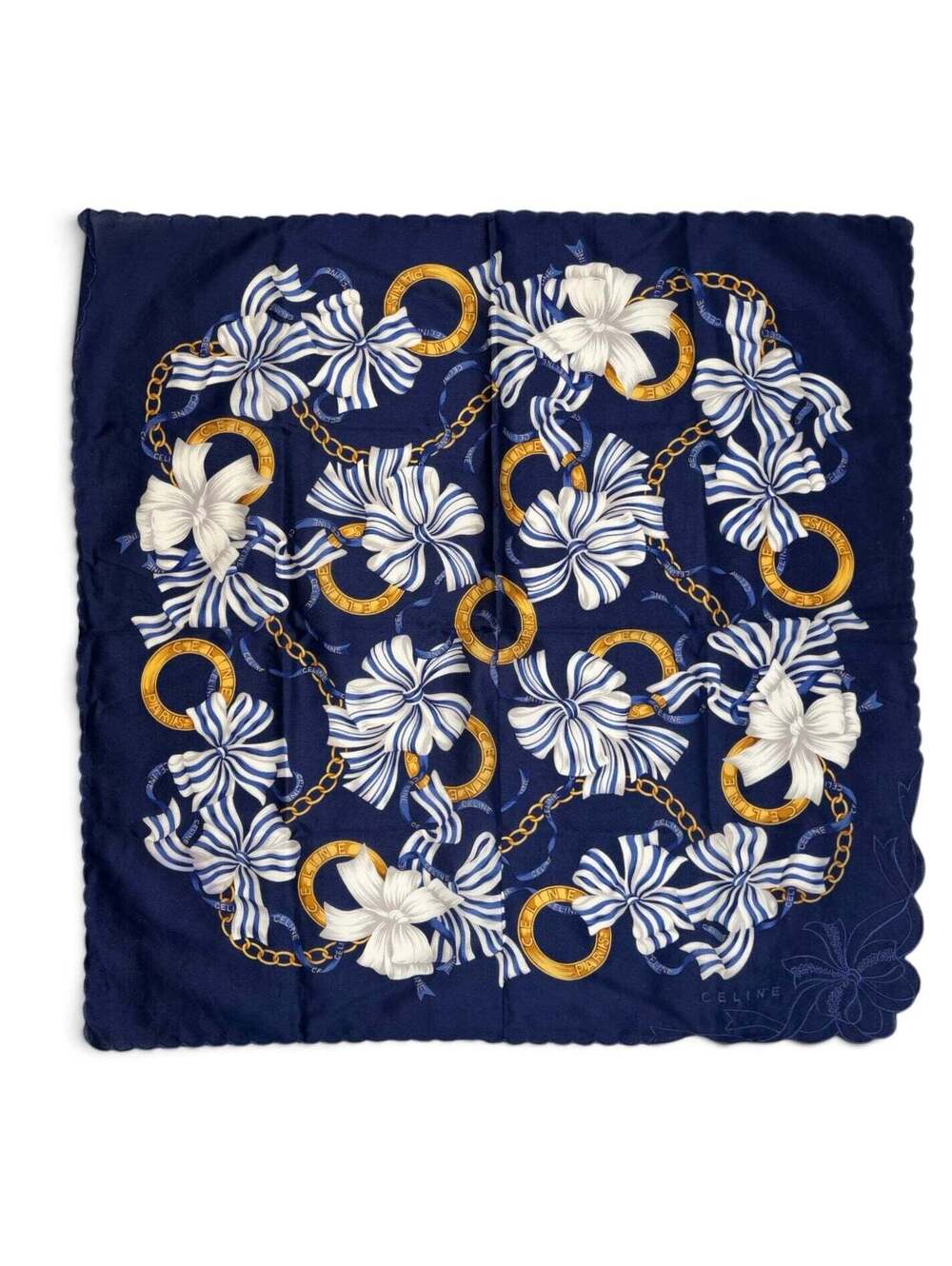 Celine Paris Scarf Navy Gold Chain Bow & Floral Print